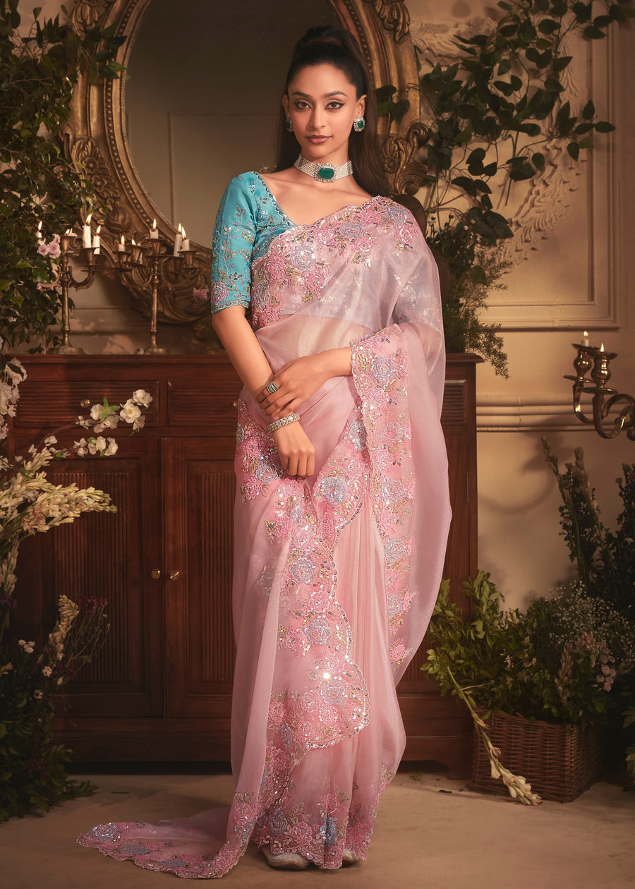 Pastel Pink Organza Tissue Silk Saree & Blue Blouse With Embroidery Work