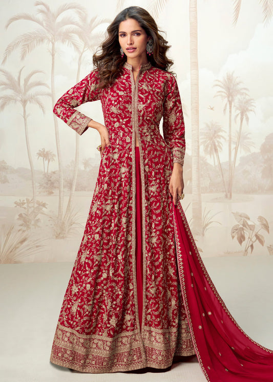 Red Readymade Jacket Style Anarkali Georgette Suit Set