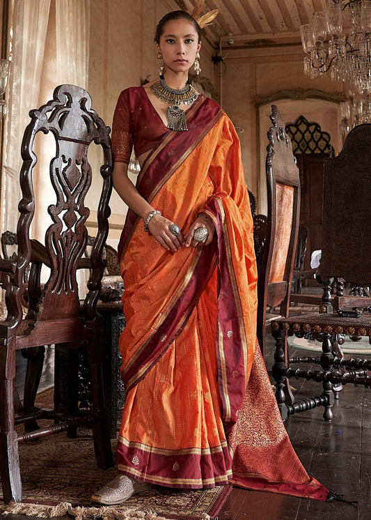 Pure Banarasi Tussar Silk Orange Handloom Saree