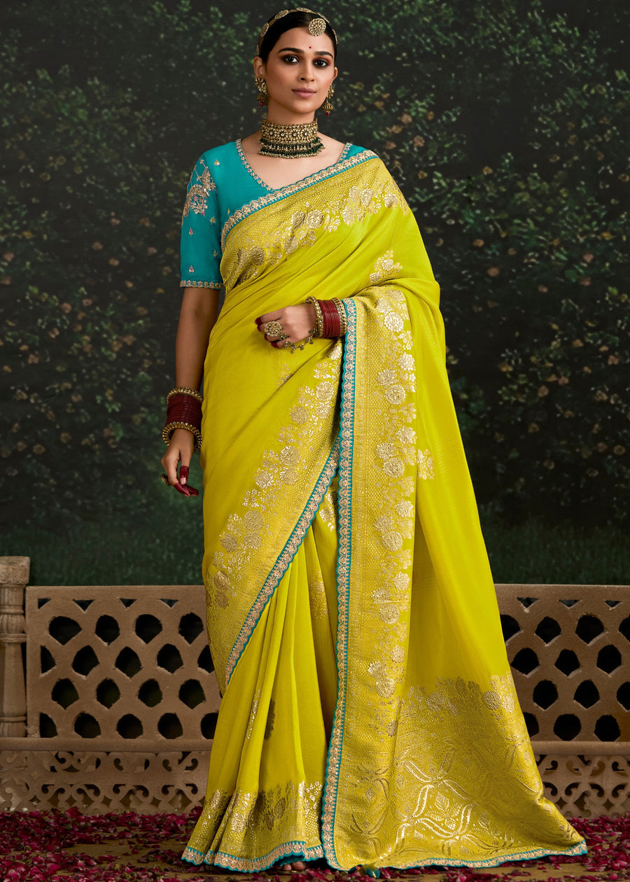 Lime Yellow Dola Banarasi Silk Saree & Teal Green Embroidered Blouse