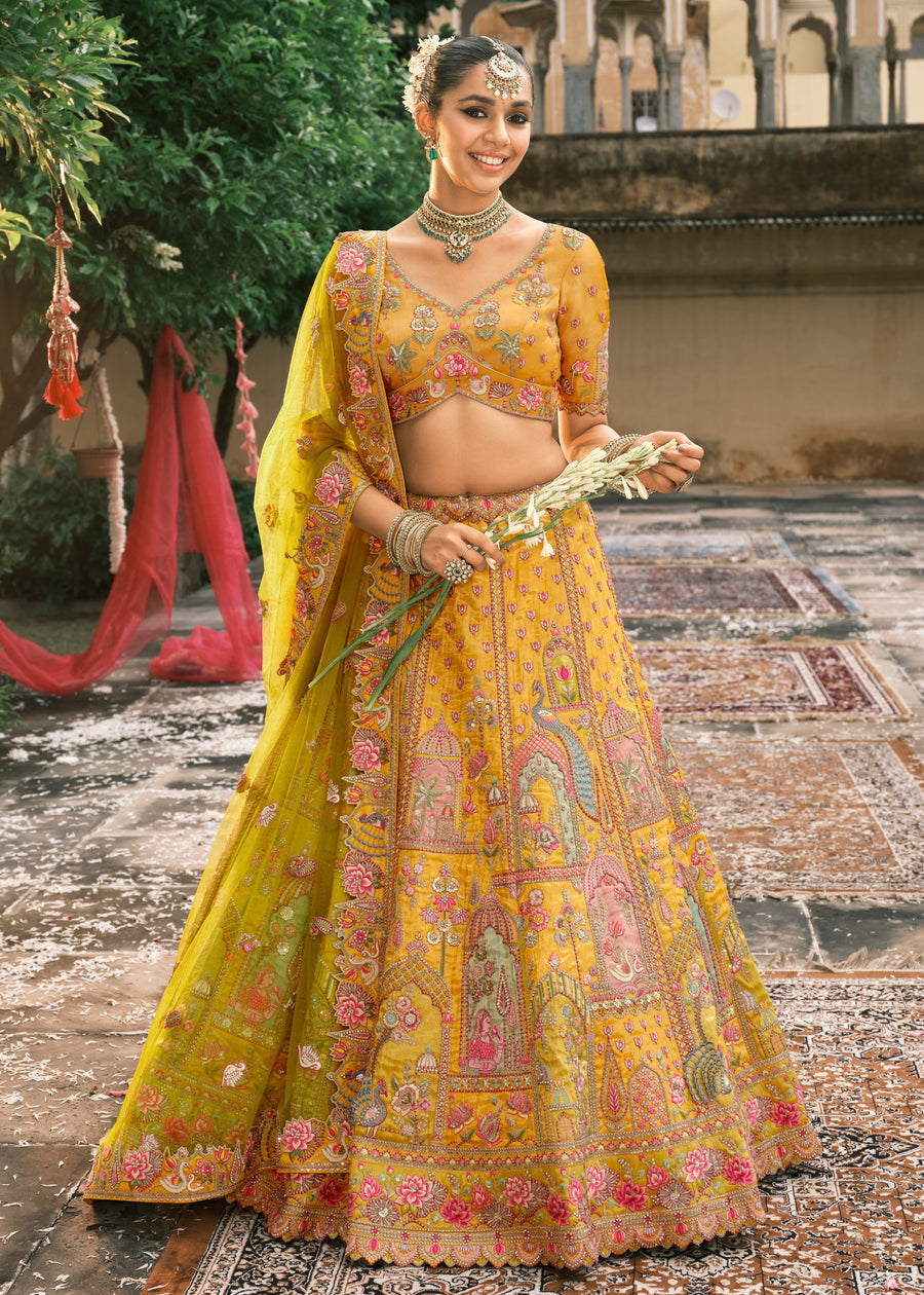 Yellow Embroidered Banarasi Silk Lehenga Choli & Contrast Green Dupatta