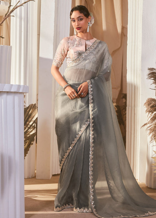 Grey Organza Tissue Silk Embroidered Saree & Pastel Peach Printed Blouse