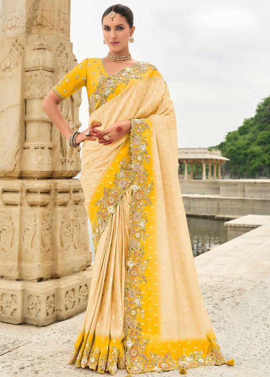 Cream and Yellow Soft Silk Fancy Saree with Embroidery Work