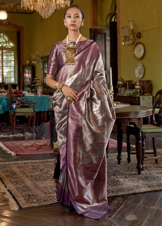 Silver & Wine Violet Zari Work Handloom Weaving Kanjivaram Silk Saree