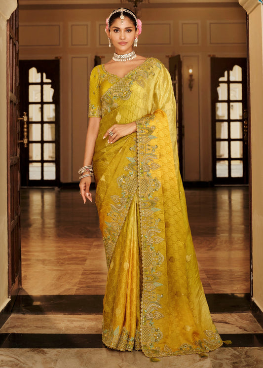 Haldi Yellow Soft Banarasi Silk Embroidered Saree