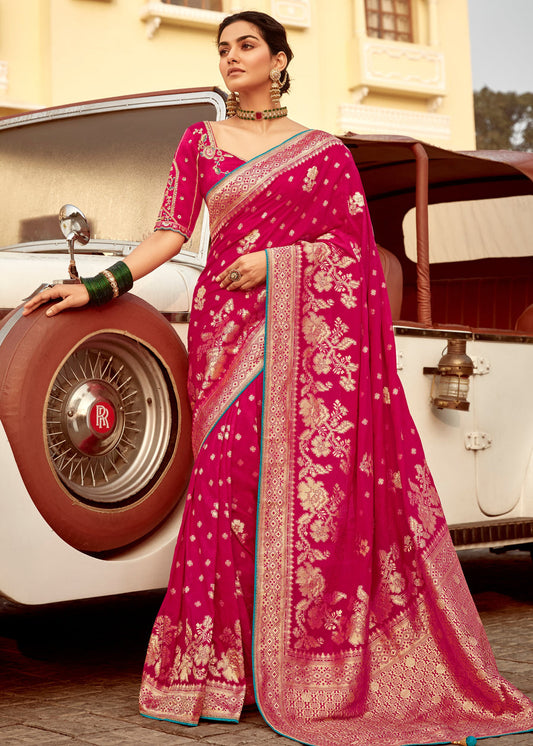 Dola Banarasi Silk Pinkish Red Bridal Saree With Embroidered Blouse