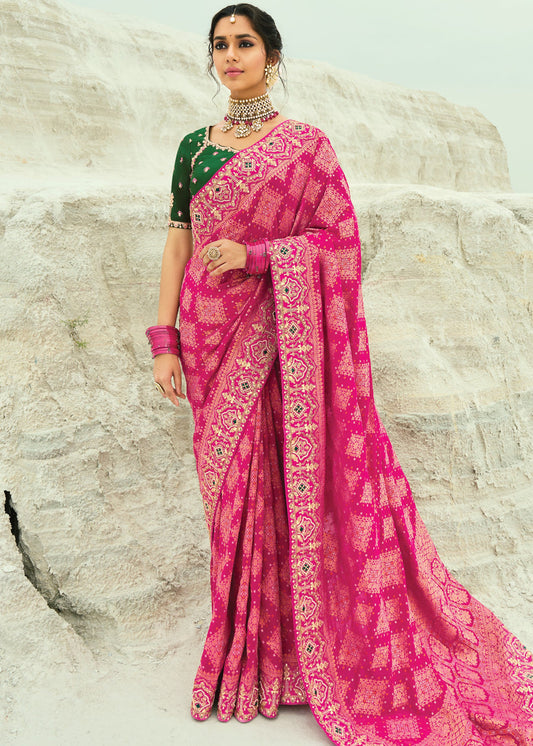 Rani Pink Khaddi Georgette Embroidered Bandhani Saree & Green Blouse