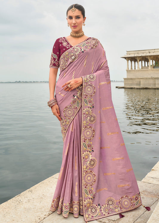 Banarasi Viscose Tissue Silk Purple Handloom Embroidered Saree With Cut Work Border