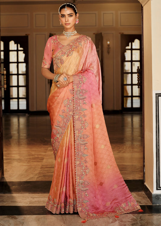 Peach & Pink Multicolor Ombre Soft Banarasi Silk Embroidered Saree