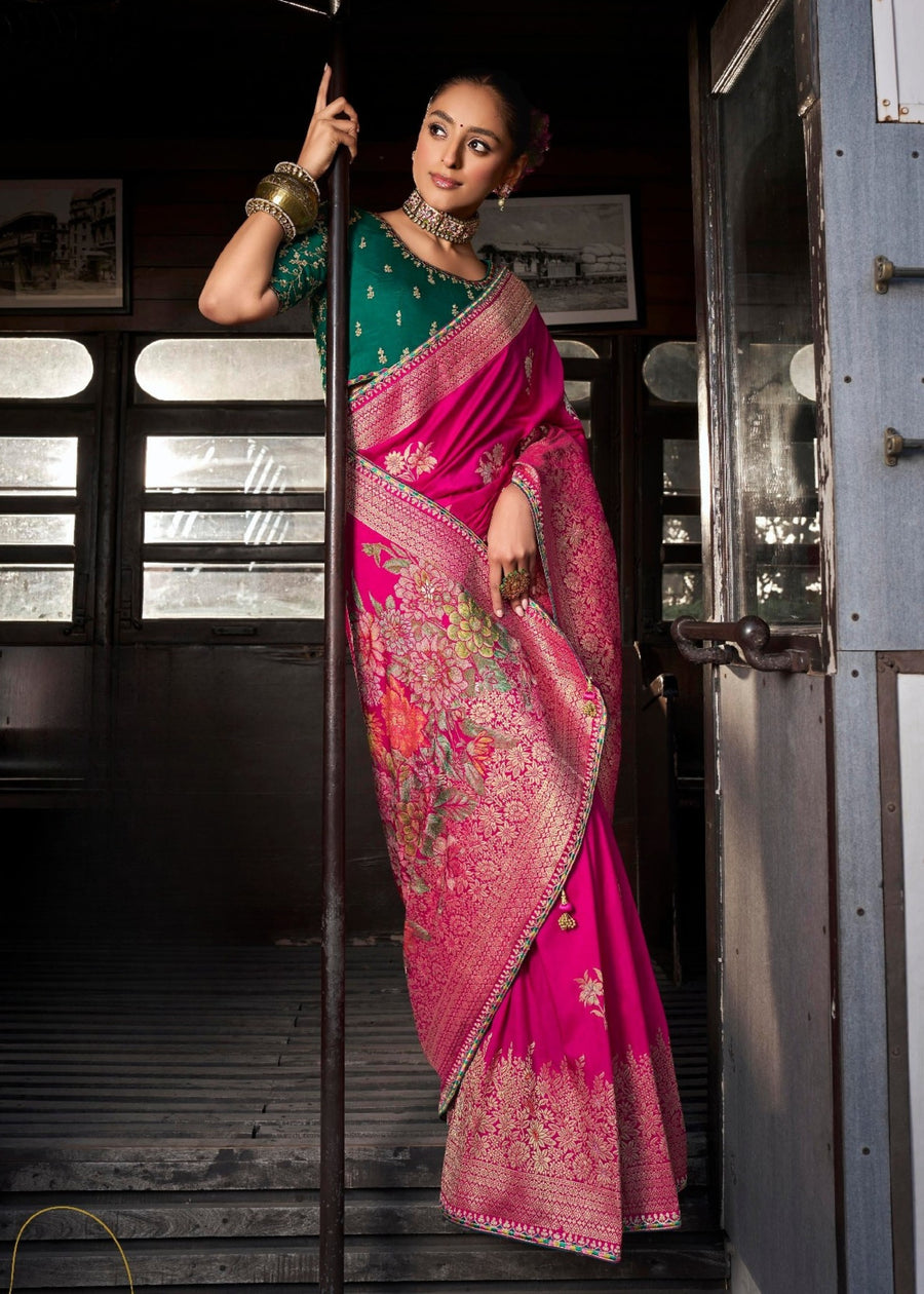Banarasi Dola Silk Hot Pink Saree & Green Embroidered Blouse