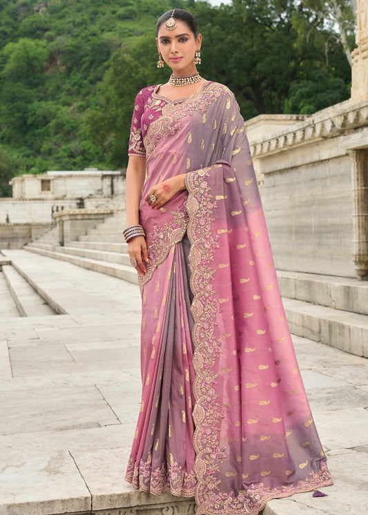 Banarasi Viscose Tissue Silk Pink & Muave Ombre Handloom Embroidered Saree With Cut Work Border