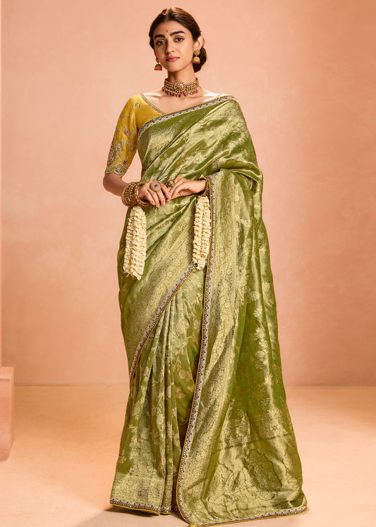 Pure Banarasi Tissue Silk Embroidered Green Handloom Saree & Contrast Yellow Blouse