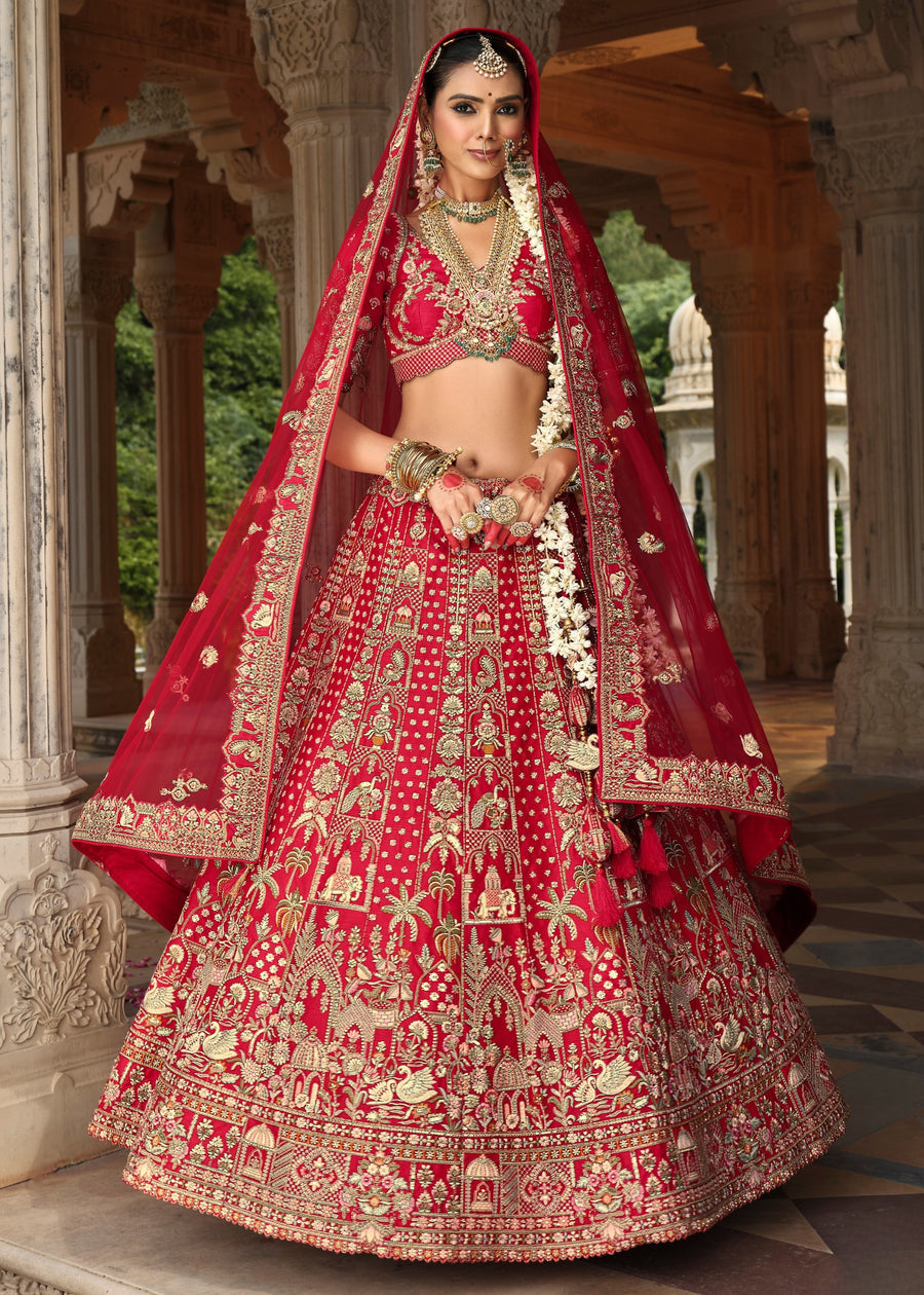 Pure Silk Red Bridal Lehenga Choli with Zari Work