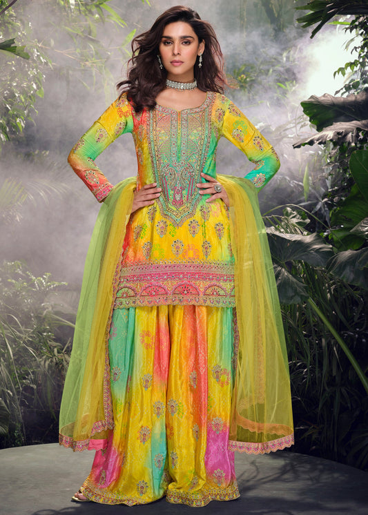 Yellow Multicolor Readymade Chinon Silk Palazzo Suit Set