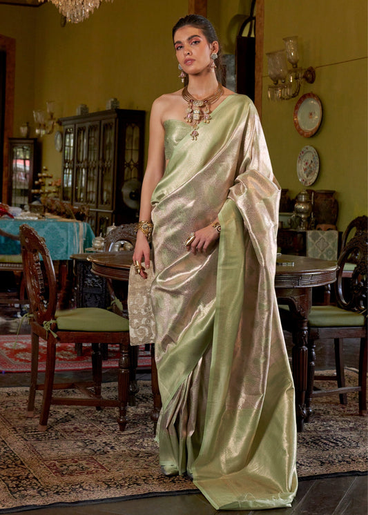 Pista Green & Gold Zari Work Handloom Weaving Kanjivaram Silk Saree