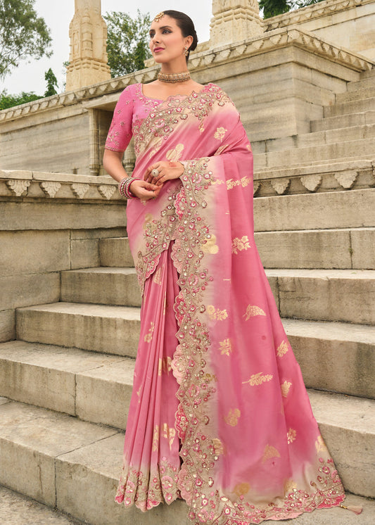 Banarasi Viscose Tissue Silk Rose Pink Handloom Embroidered Saree With Cut Work Border