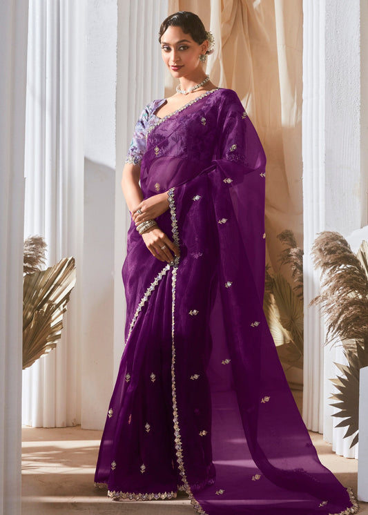 Violet Purple Organza Tissue Silk Embroidered Saree & Printed Blouse