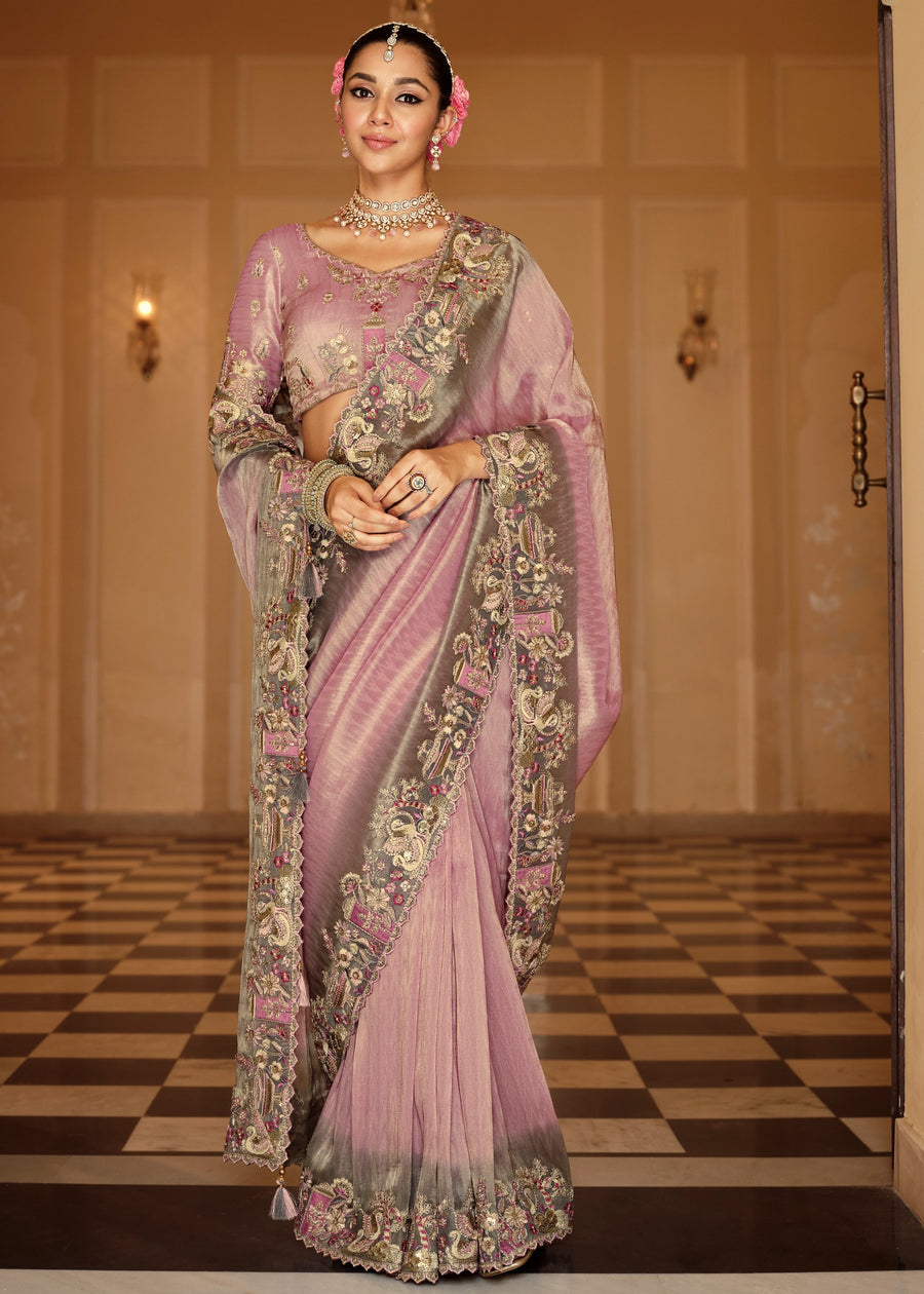 Pastel Pink Soft Banarasi Silk Embroidered Saree