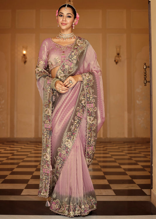 Pastel Pink Soft Banarasi Silk Embroidered Saree
