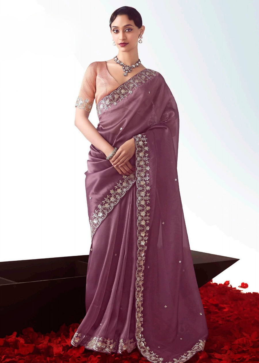 Mauve Purple Organza Tissue Silk Embroidered Saree with Peach Banarasi Blouse