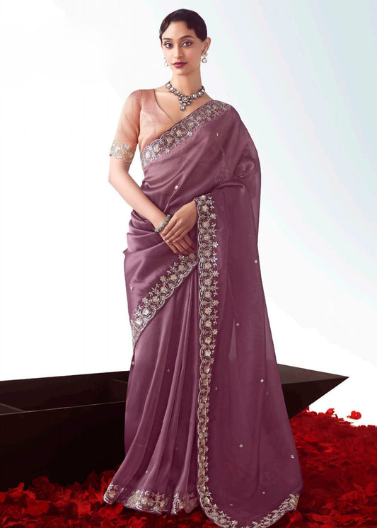 Mauve Purple Organza Tissue Silk Embroidered Saree with Peach Banarasi Blouse