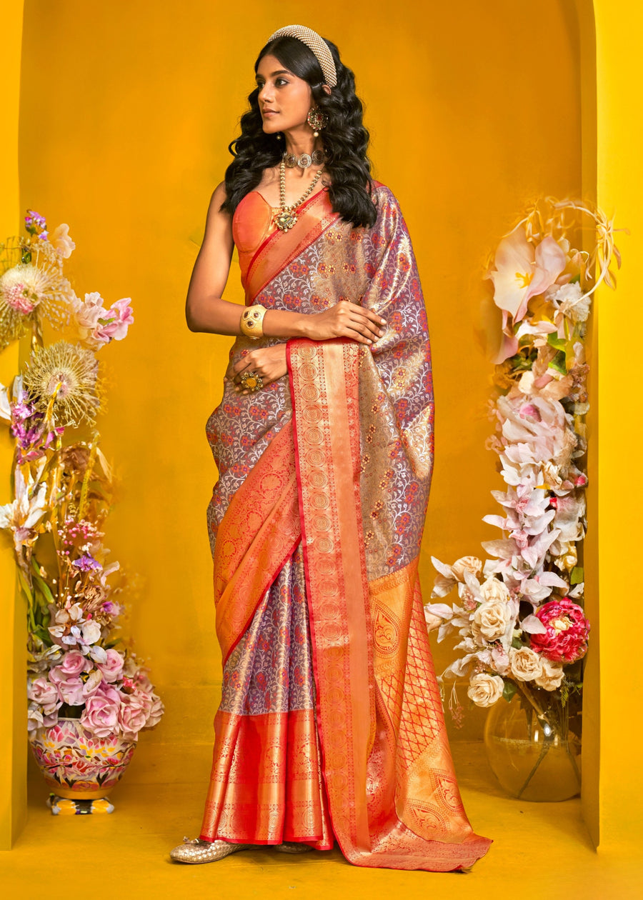Grey and Red Kanjivaram Silk Handloom Saree