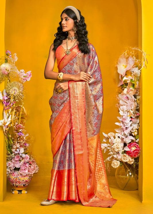 Grey and Red Kanjivaram Silk Handloom Saree