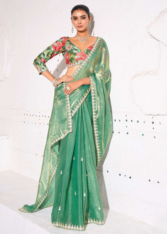 Crushed Tissue Sea Green Embroidered Saree & Printed Blouse