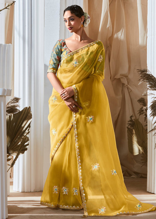 Yellow Organza Tissue Silk Embroidered Saree & Blue Printed Blouse