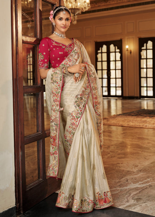 Ivory White Soft Banarasi Silk Embroidered Saree & Contrast Red Blouse