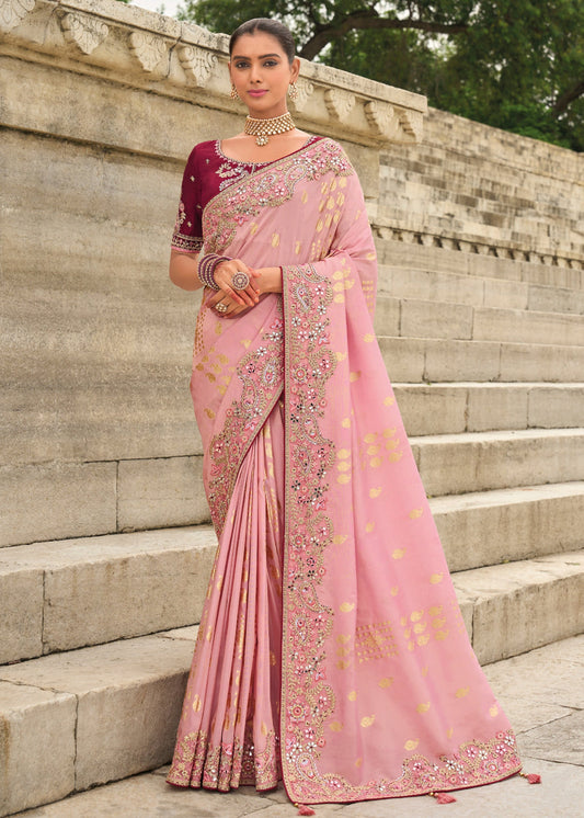 Banarasi Viscose Tissue Silk Pastel Pink Handloom Embroidered Saree With Cut Work Border