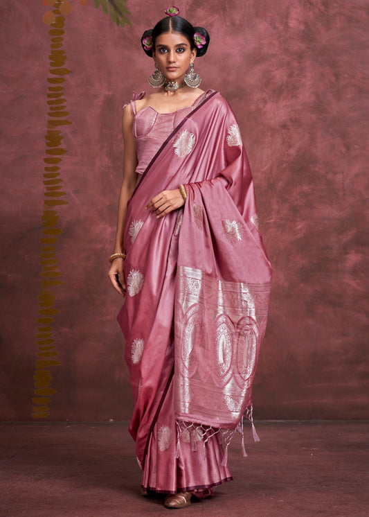 Pure Banarasi Satin Silk Handloom Zari Weaving Pink Saree