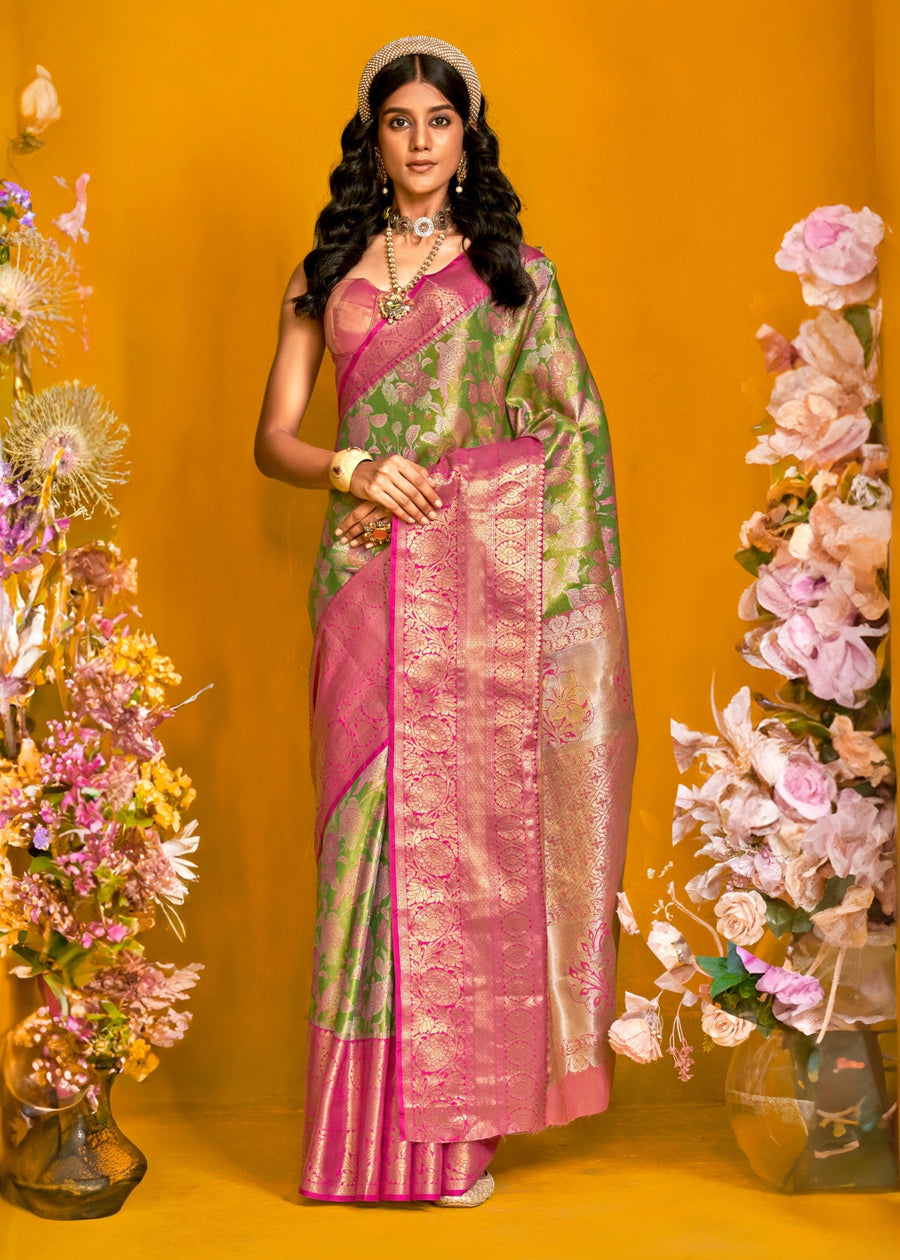 Lawn Green and Pink Kanjivaram Silk Handloom Saree