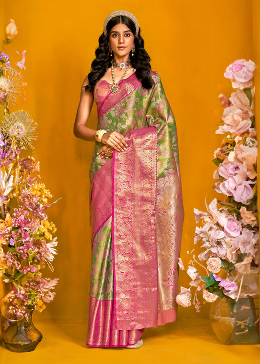 Lawn Green and Pink Kanjivaram Silk Handloom Saree