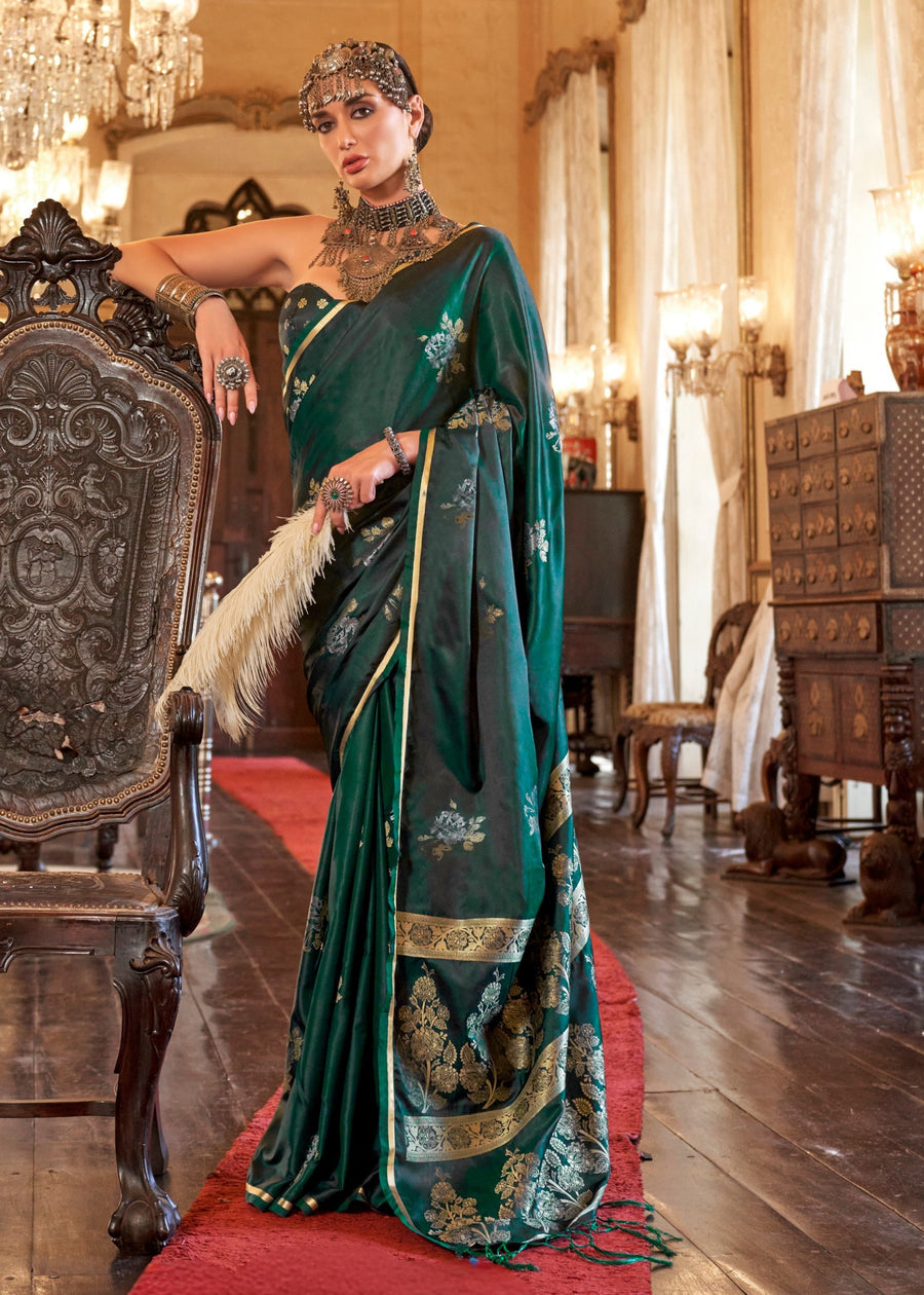 Pure Banarasi Satin Silk Dark Green Handloom Saree