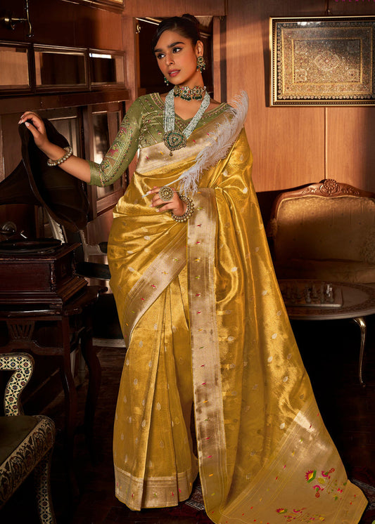 Paithani Tissue Silk Yellow Handloom Saree & Contrast Green Embroidered Blouse
