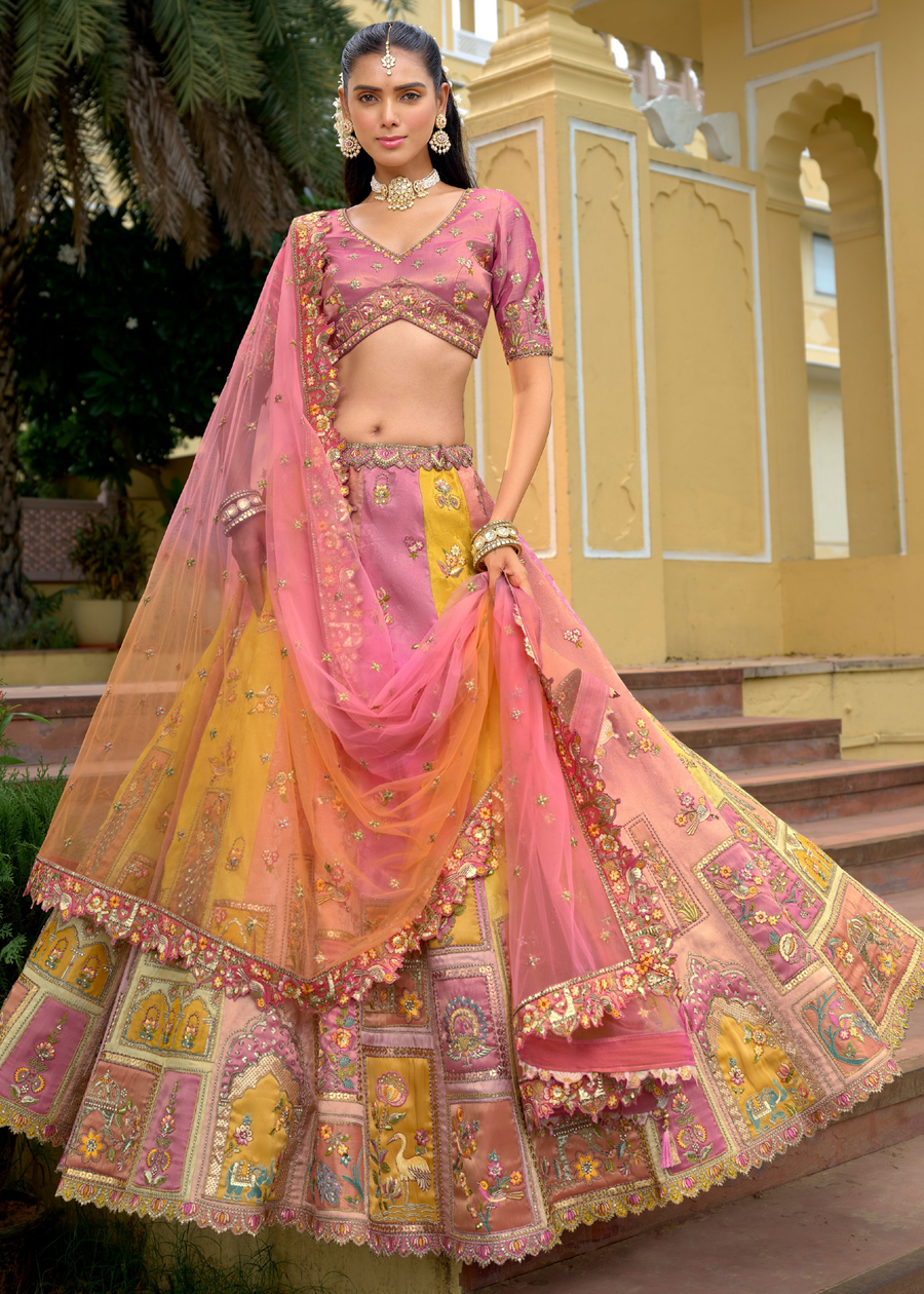 Coral Pink & Yellow Silk Bridal Lehenga Choli