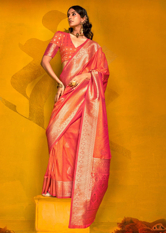 Orange Banarasi Silk Handloom Weaving Zari Saree