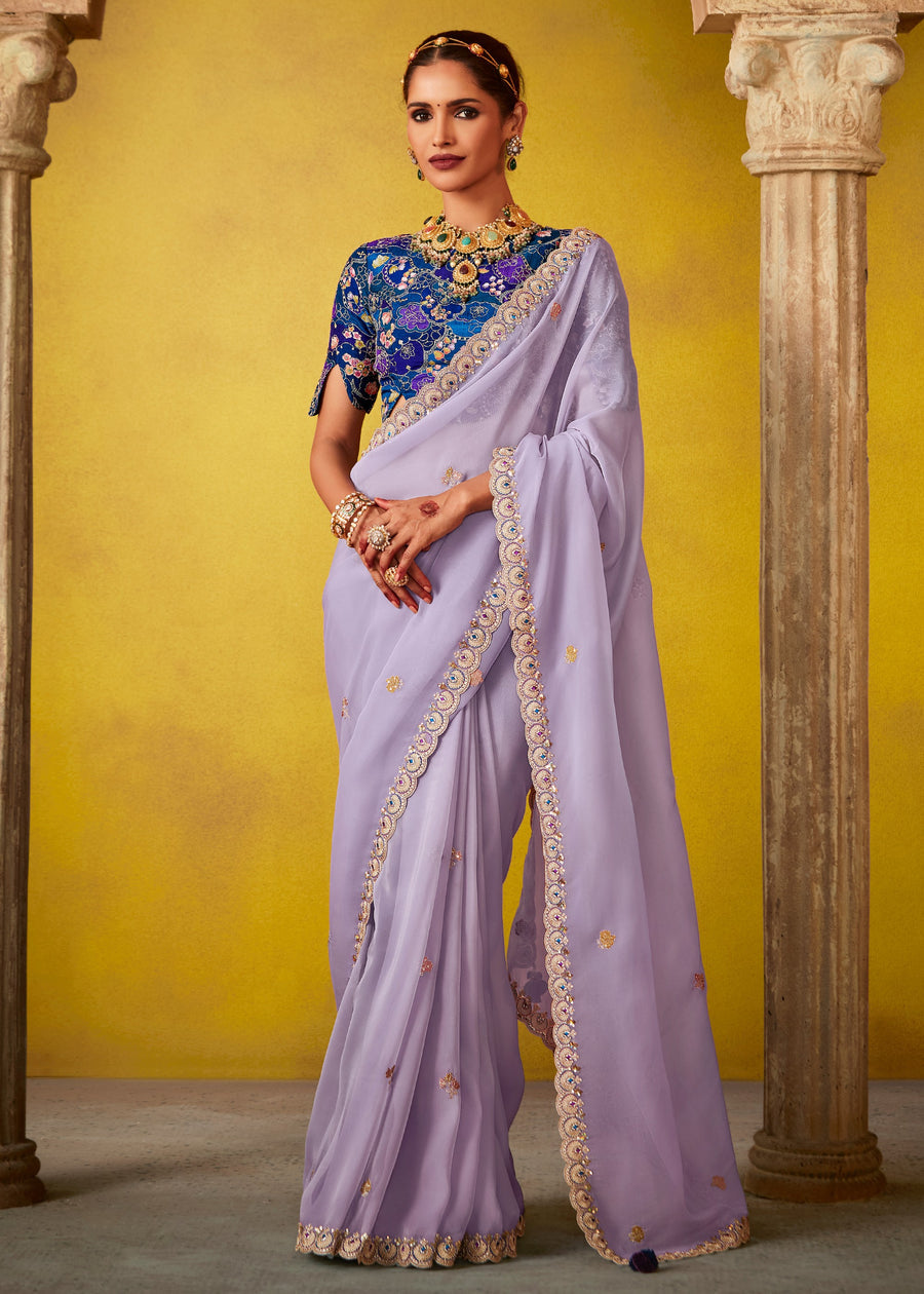 Lavender Purple Glass Tissue Silk Embroidered Saree & Blue Printed Blouse
