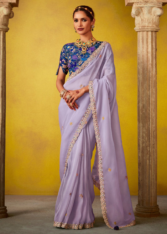 Lavender Purple Glass Tissue Silk Embroidered Saree & Blue Printed Blouse