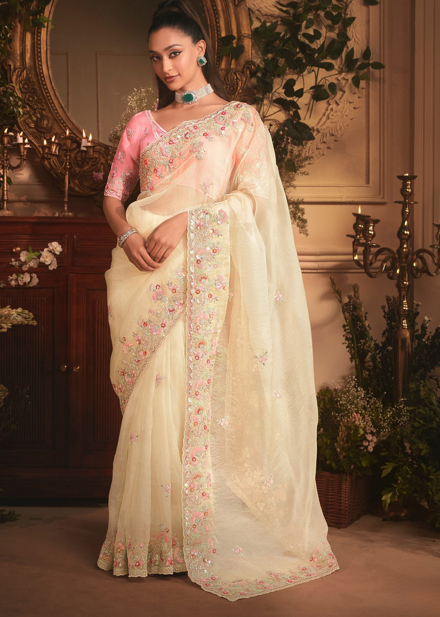 Creamy White Organza Tissue Silk Saree & Pink Blouse With Embroidery Work