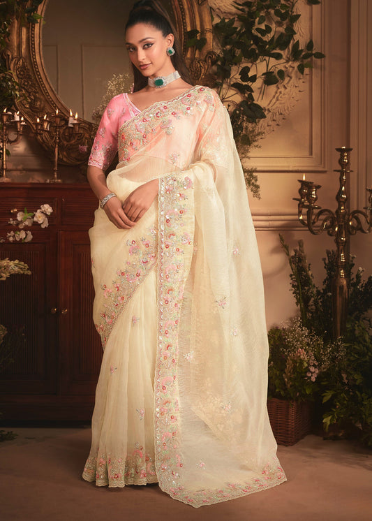 Creamy White Organza Tissue Silk Saree & Pink Blouse With Embroidery Work