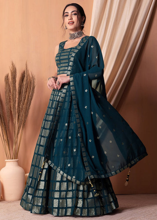 Teal Blue Sequins Work Georgette Bridesmaids Lehenga Choli