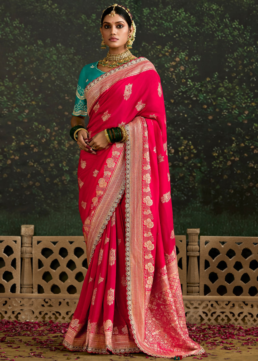 Pinkish Red Dola Banarasi Silk Saree & Green Embroidered Blouse