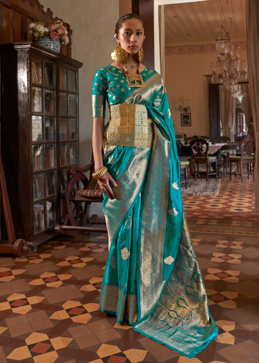 Soft Banarasi Silk Sapphire Blue Handloom Weaving Saree