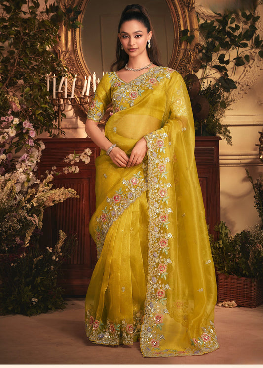 Yellow Organza Tissue Silk Saree With Embroidery Work