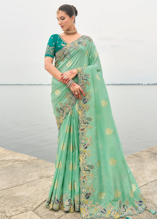 Banarasi Viscose Tissue Silk Mint Green Handloom Embroidered Saree With Cut Work Border