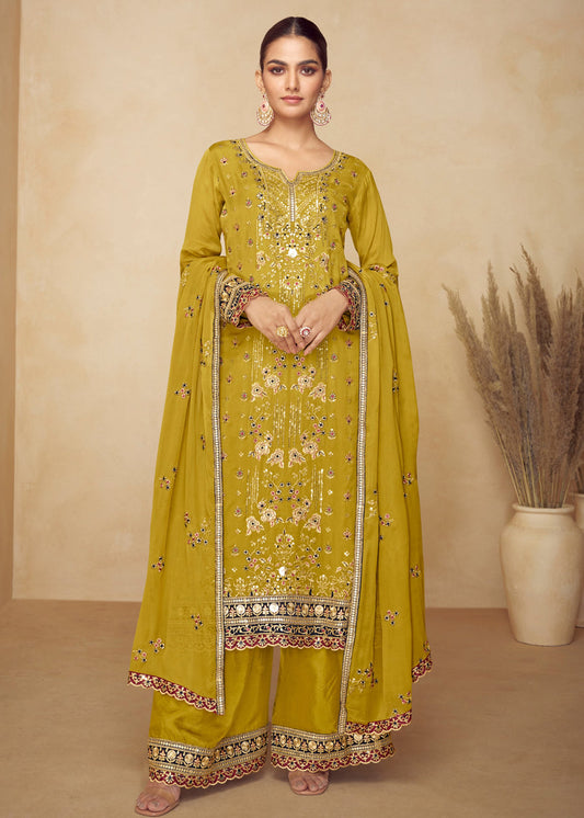Mustard Yellow Chinon Silk Palazzo Suit With Dupatta