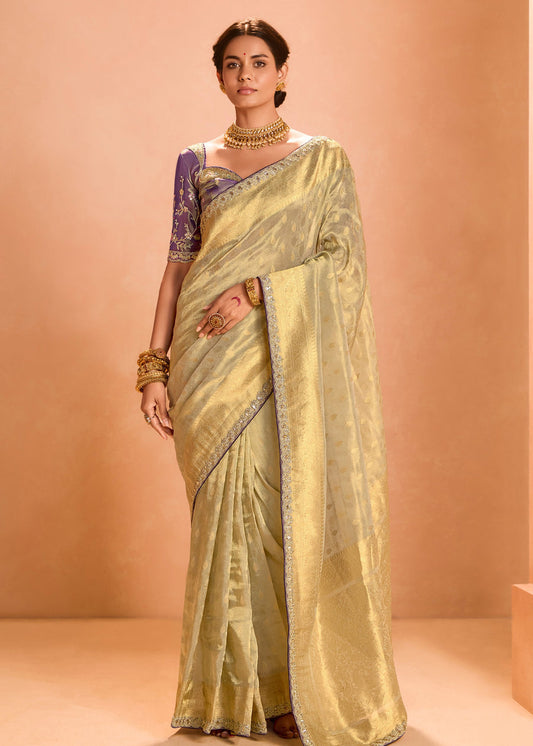 Cream Golden Tissue Silk Embroidered Mint Green Handloom Saree & Contrast Purple Blouse