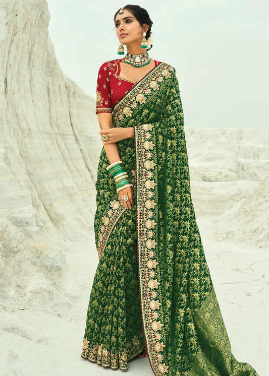 Dark Green Khaddi Georgette Embroidered Bandhani Saree & Red Blouse